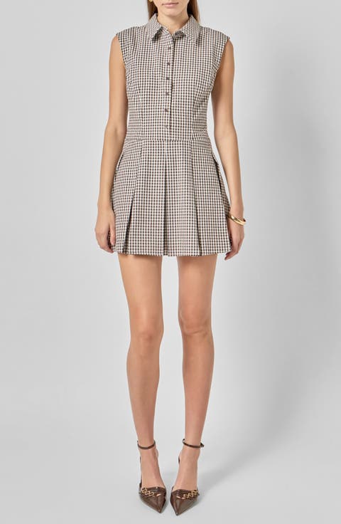 Check Pleated Sleeveless Mini Shirtdress