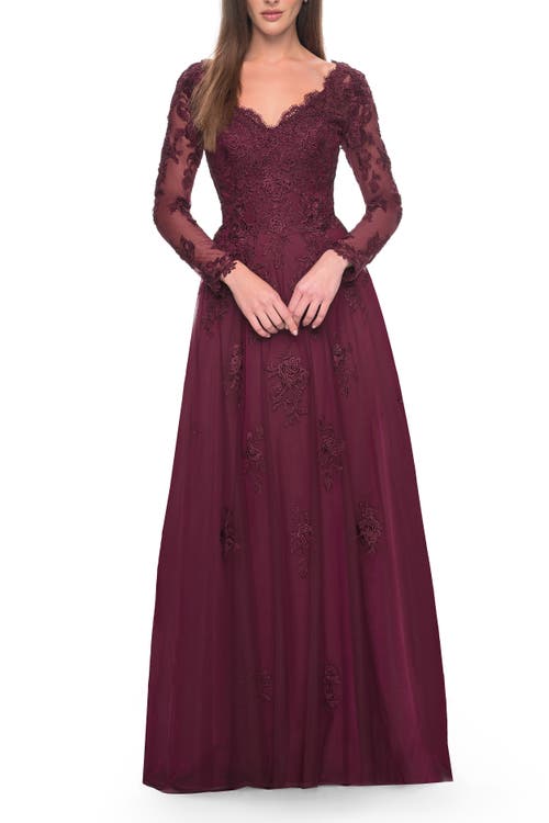 La Femme Long Sleeve Lace And Tulle Dress With V Neckline In Wine