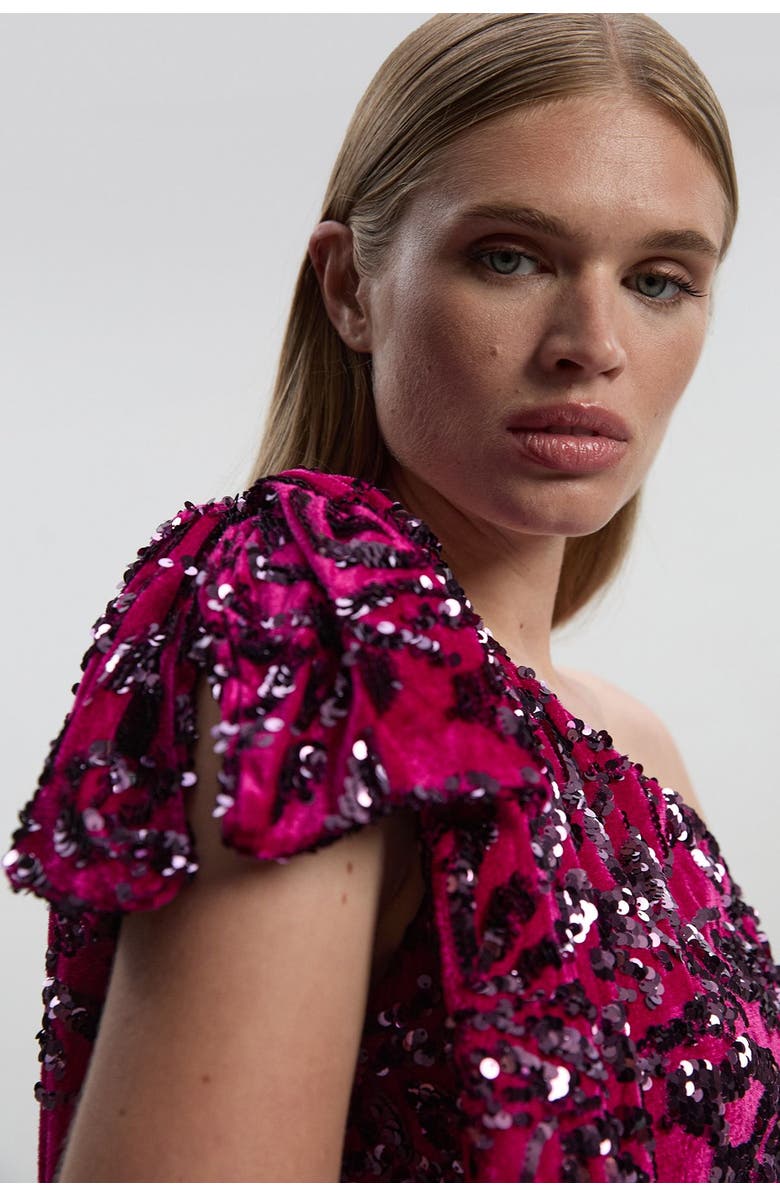 Karen Millen Velvet Sequin One Shoulder Maxi Dress, Alternate, color, Purple