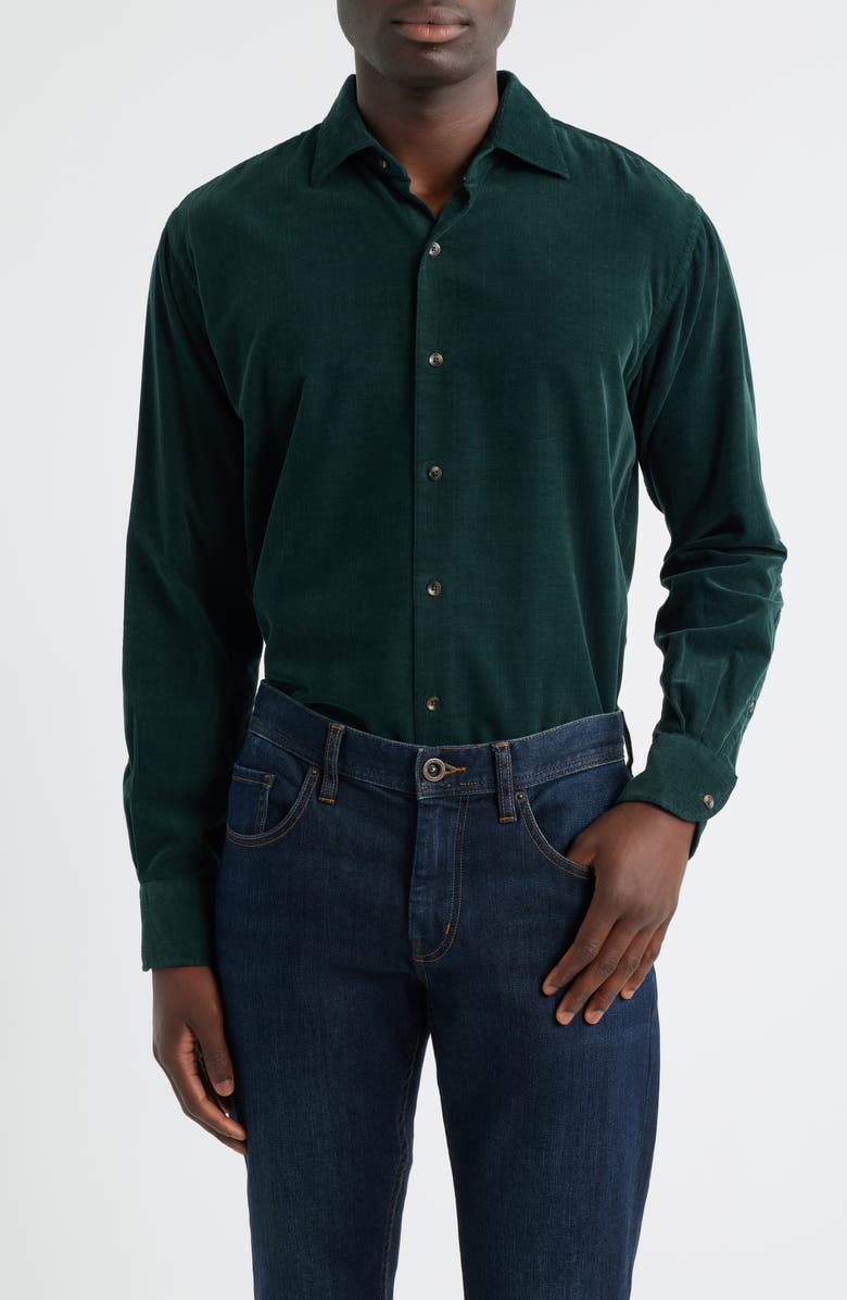 Peter Millar Cotton & Cashmere Corduroy Button-Up Shirt, Main, color, Deep Verdant