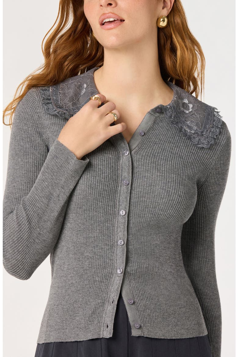 Sonya Lace Collar Rib Cardigan, Alternate, color, GREY