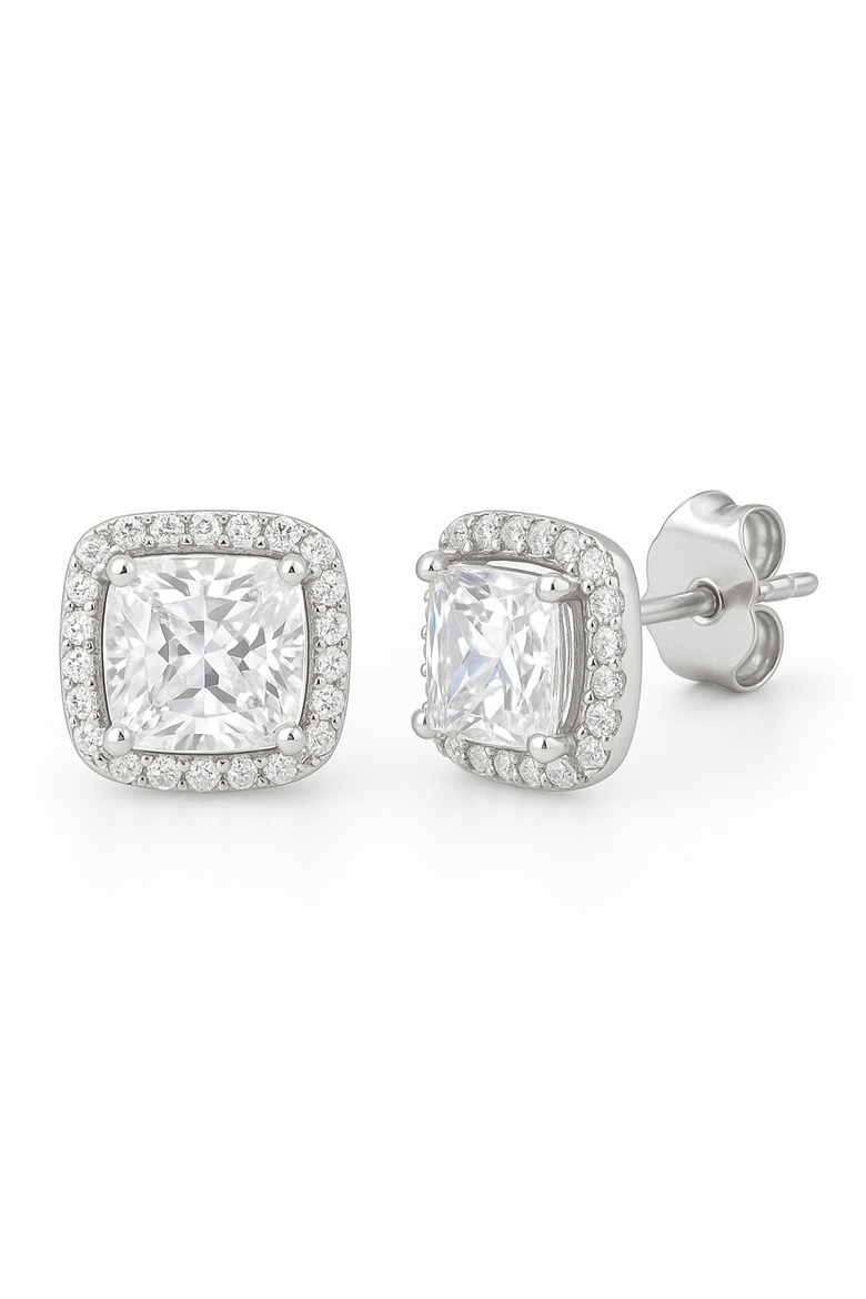 Sterling Silver Square Halo Earrings, Main, color, Silver