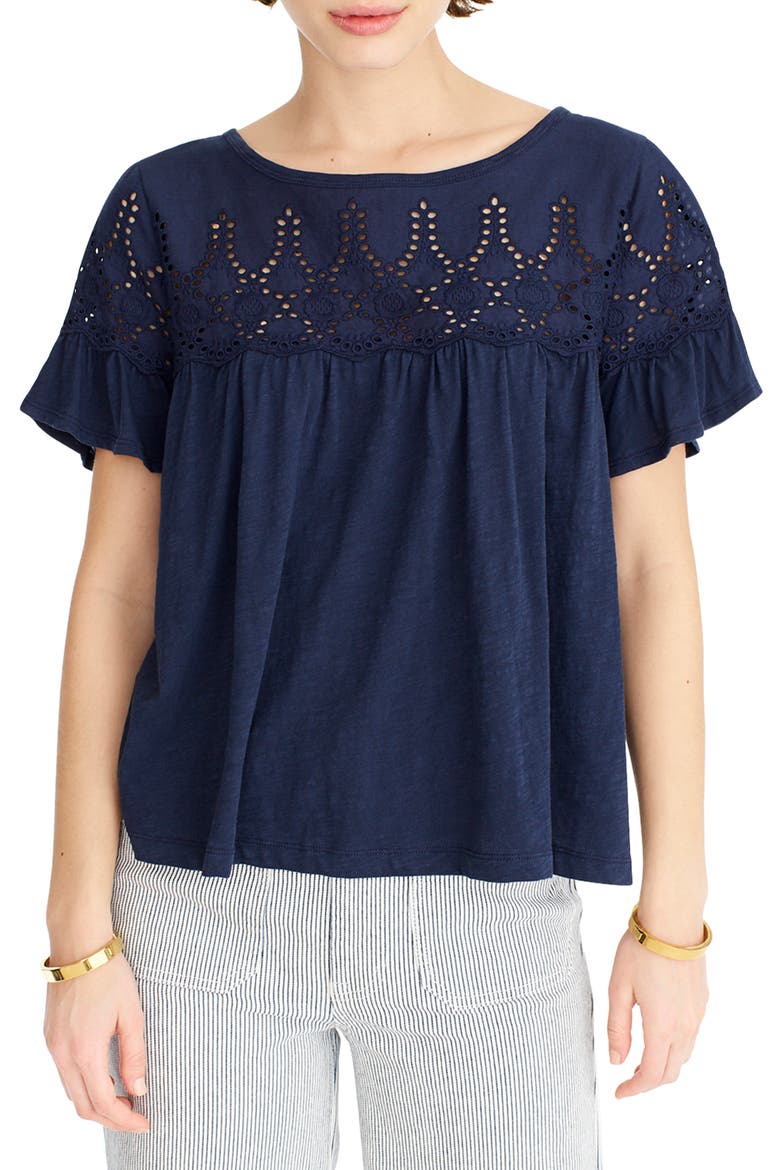Flutter Sleeve Eyelet Babydoll Top, Main, color, NAVY