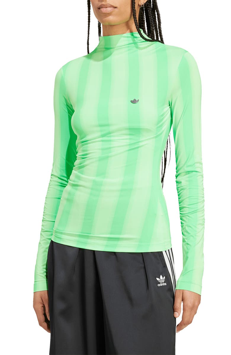 adidas Stripe Long Sleeve Ruched Top, Main, color, Screaming Green
