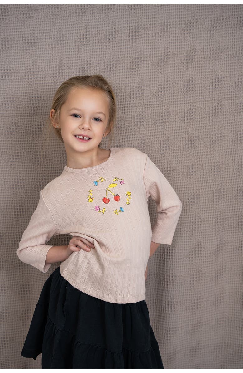 Space Grey Cherry and Flower Pointelle Ribbed 3/4 Sleeve T Shirt, Alternate, color, Soft Pink