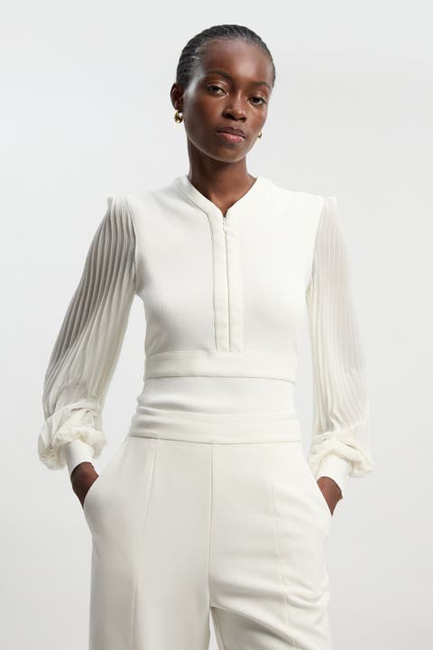 Pleated Sleeve Zip-Neck Top