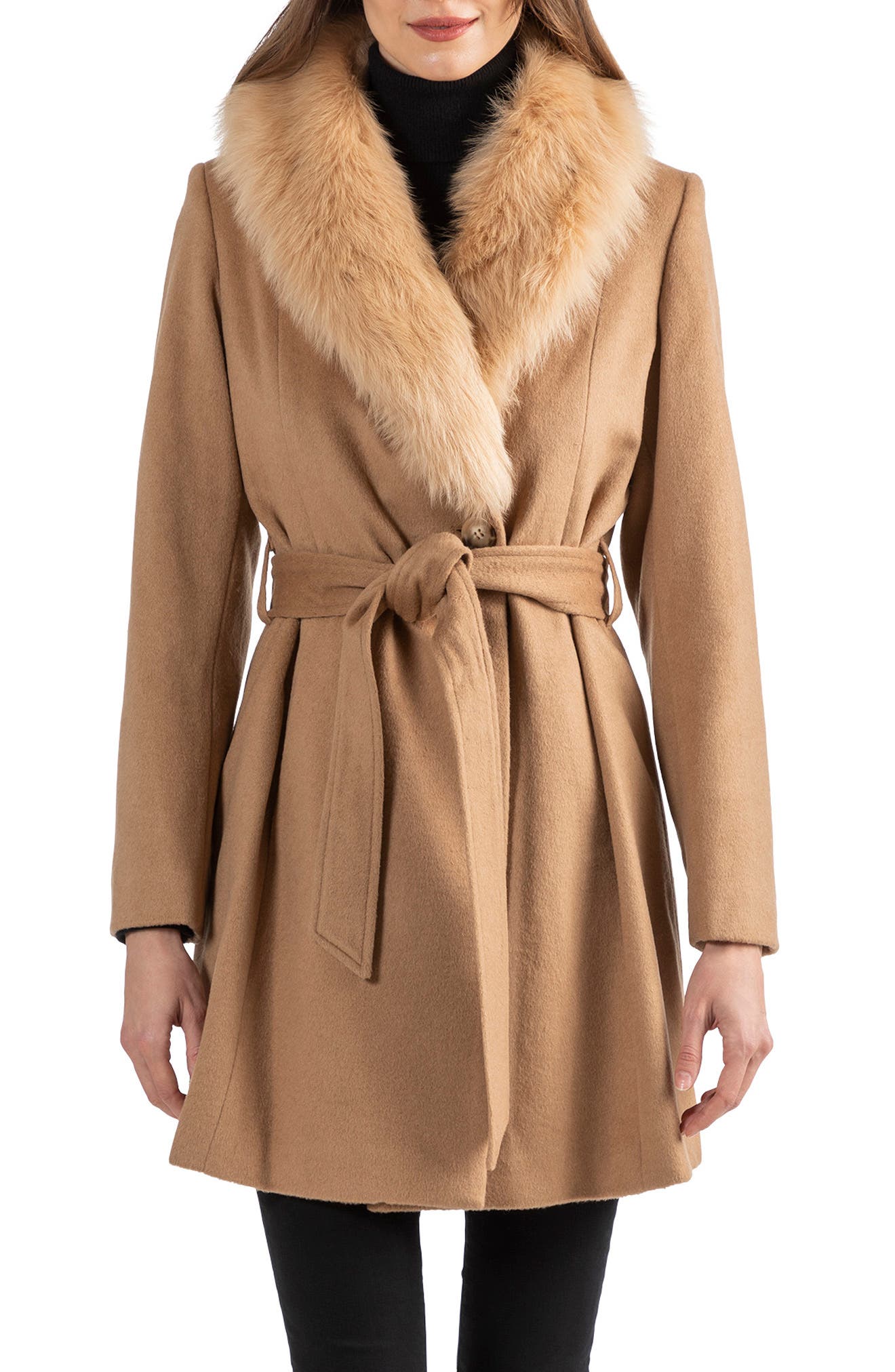 Sofia Cashmere Toscana Genuine Lamb Shearling Collar Wool Blend Coat
