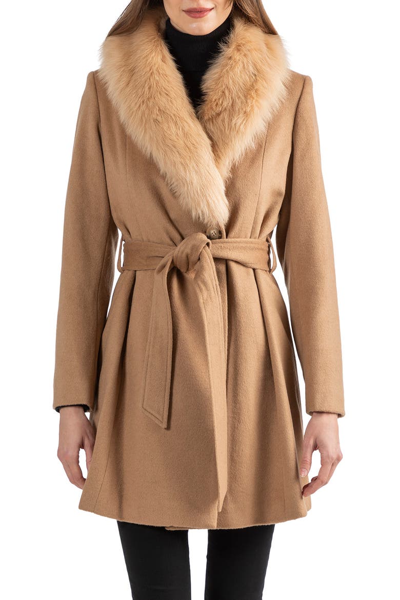 Toscana Genuine Lamb Shearling Collar Wool Blend Coat, Main, color, CAMEL