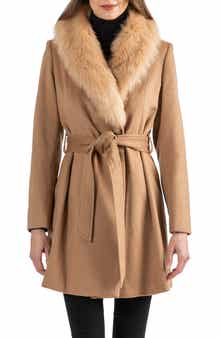 Sofia Cashmere Toscana Genuine Lamb Shearling Collar Wool Blend Coat