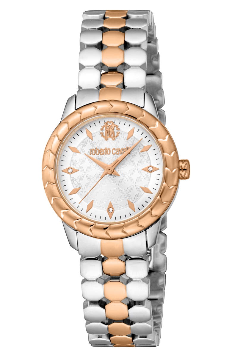 Roberto Cavalli Textured Crystal Two-Tone Quartz Bracelet Watch, 28mm, Main, color, Two Tone Silver & Rose Gold