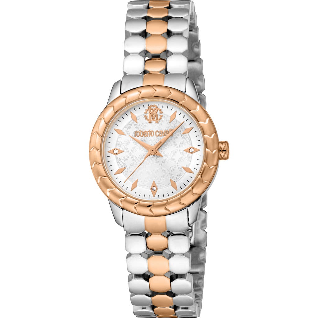 Roberto Cavalli Textured Crystal Two-Tone Quartz Bracelet Watch, 28mm in Two Tone Silver & Rose Gold at Nordstrom Rack