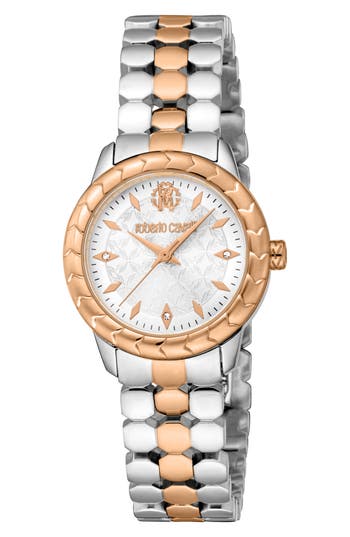 Roberto Cavalli Textured Crystal Two-tone Quartz Bracelet Watch, 28mm In Two Tone Silver & Rose Gold