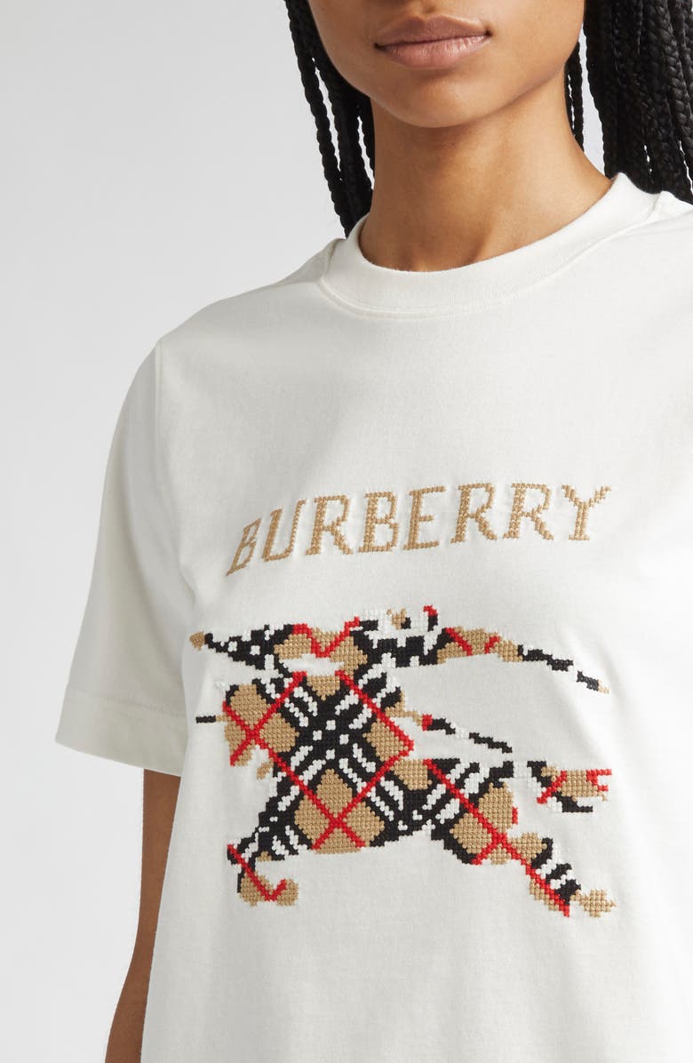Burberry Equestrian Knight Design Cross Stitch Embroidered T-Shirt, Alternate, color, Chalk