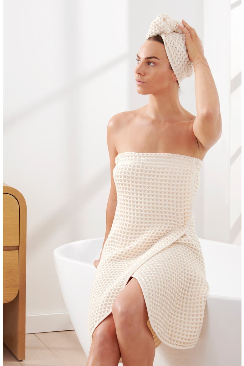 Pure Yarn Dyed Cotton Waffle Body Wrap & Hair Wrap Set, Alternate, color, NATURAL