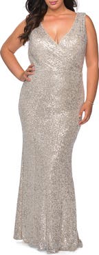 La Femme Long Sequin Plus Size Gown with V-Neck