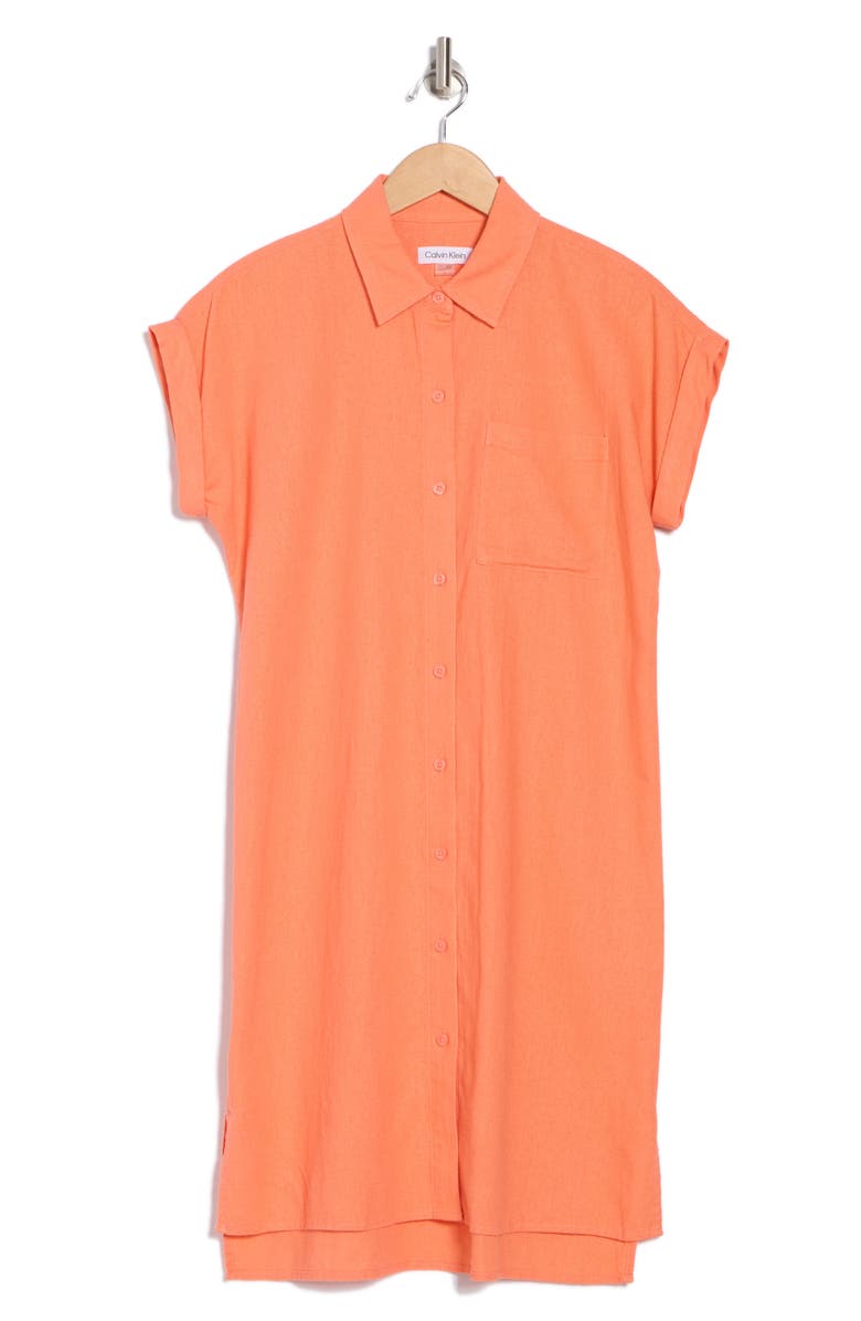 Calvin Klein Short Sleeve Linen Blend Shirtdress, Alternate, color, Melon