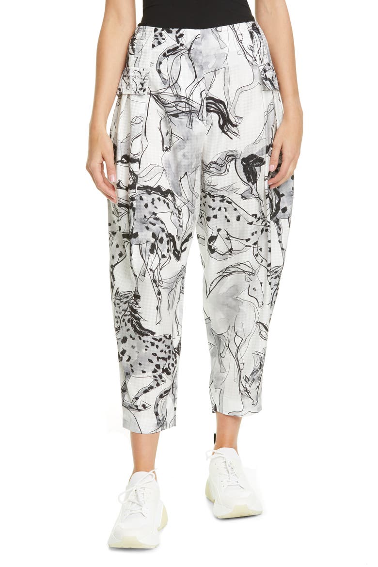 Rosalinda Horse Print Pleated Silk Crop Pants, Main, color, MULTICOLOR