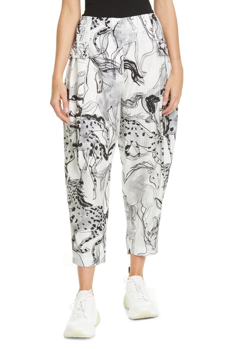 Stella McCartney Rosalinda Horse Print Pleated Silk Crop Pants, Main, color, 