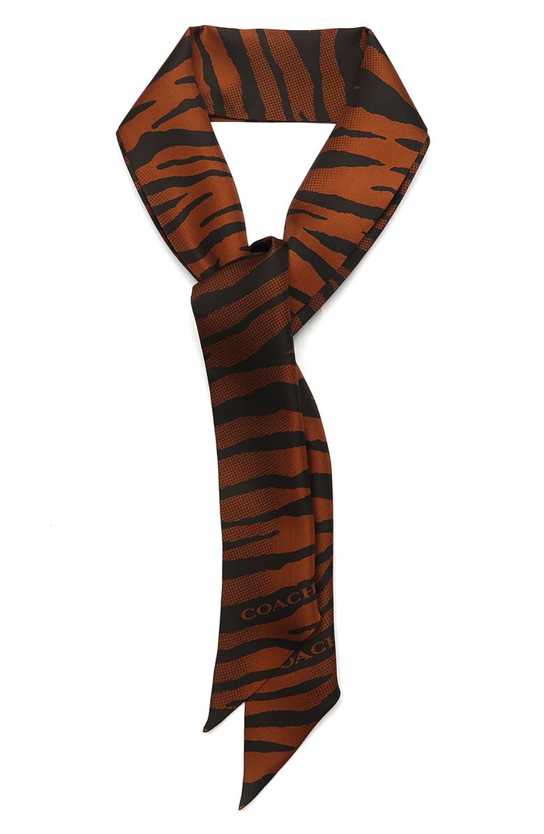 COACH Tiger Stripe Wide Silk Scarf, Alternate, color, Dark Brown
