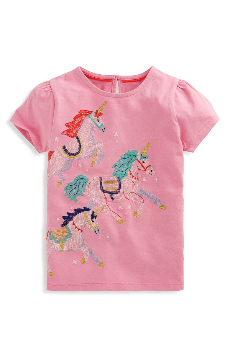 Mini Boden Kids' Embroidered Unicorn T-Shirt, Main, color, Pink Unicorns