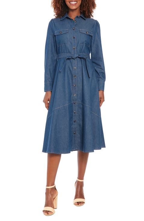 Tie Waist Long Sleeve Denim Shirtdress