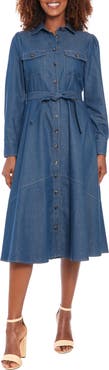 London Times Tie Waist Long Sleeve Denim Shirtdress