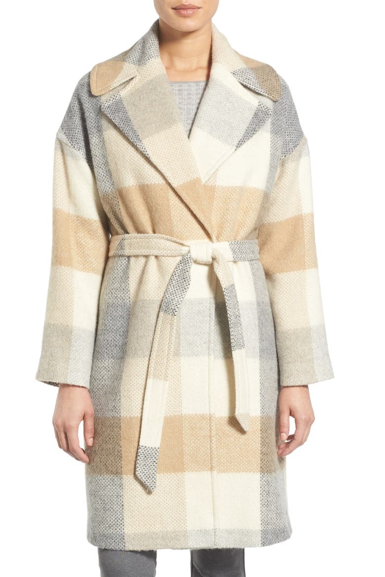 Plaid Wrap Coat, Main, color, CAMEL/ IVORY/ GREY