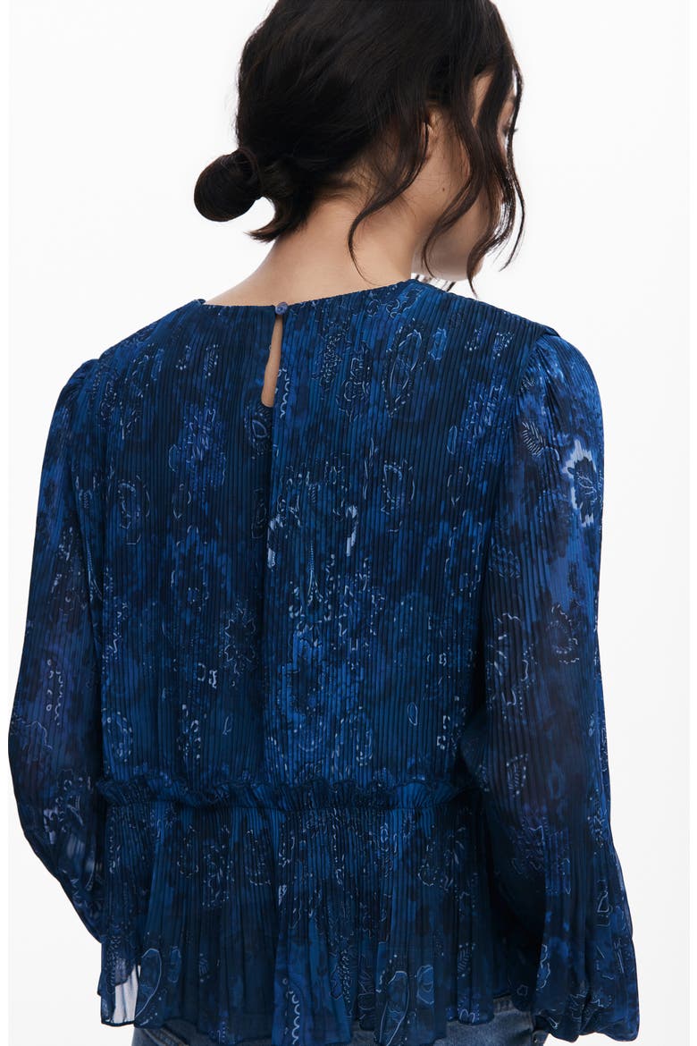 Pleated Floral Print Shirt, Alternate, color, DARK BLUE