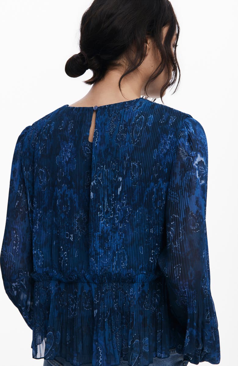 Desigual Pleated Floral Print Shirt, Alternate, color, Dark Blue