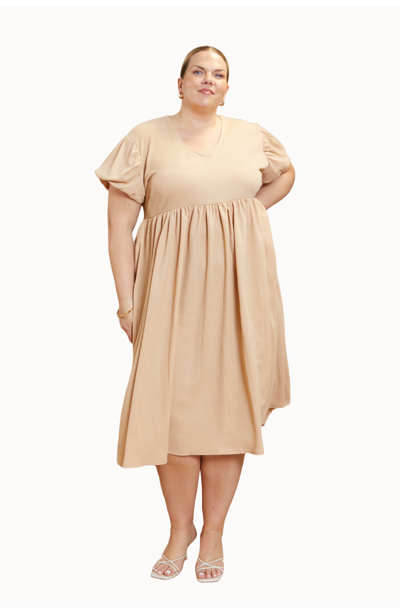 FASHION-SZN CURVE Puff Sleeve Smock Dress, Main, color, Stone