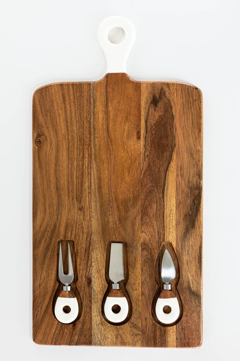 Wood + White Collection Acacia Wood Board with Inlaid Knives, Alternate, color, White and brown