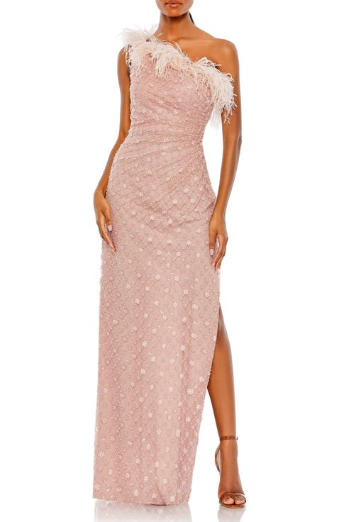 Embellished One Shoulder Gown w/ Ostrich Feathers