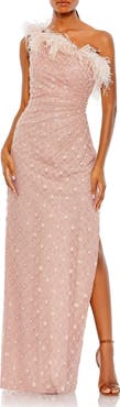 Mac Duggal Embellished One Shoulder Gown w/ Ostrich Feathers