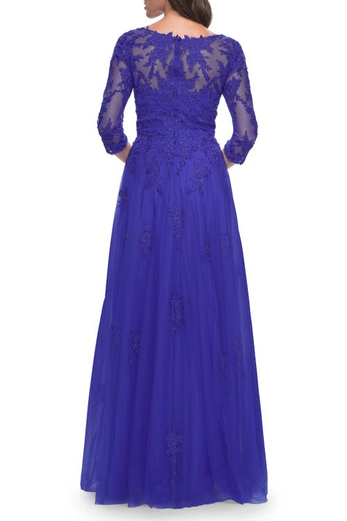 La Femme Tulle And Lace A-line Dress With V Neckline In Royal Blue