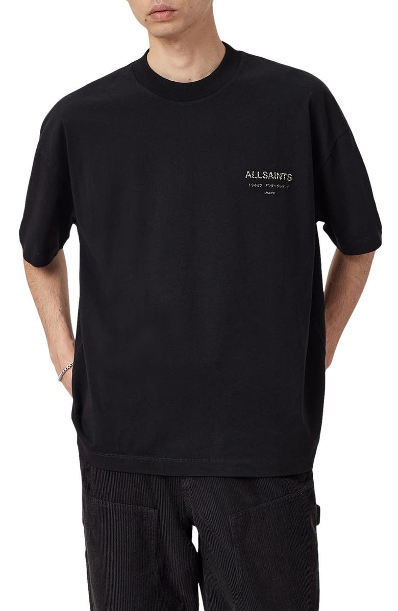 AllSaints Underground Oversize Graphic T-Shirt, Main, color, Jet Black/ Dark Leopard