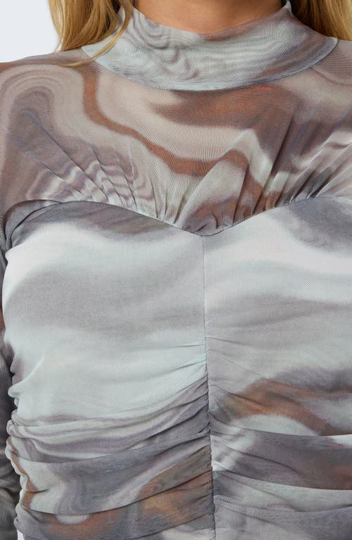 Noisy May Judith Ruched Mesh Top In Ghost Gray Aop Deser
