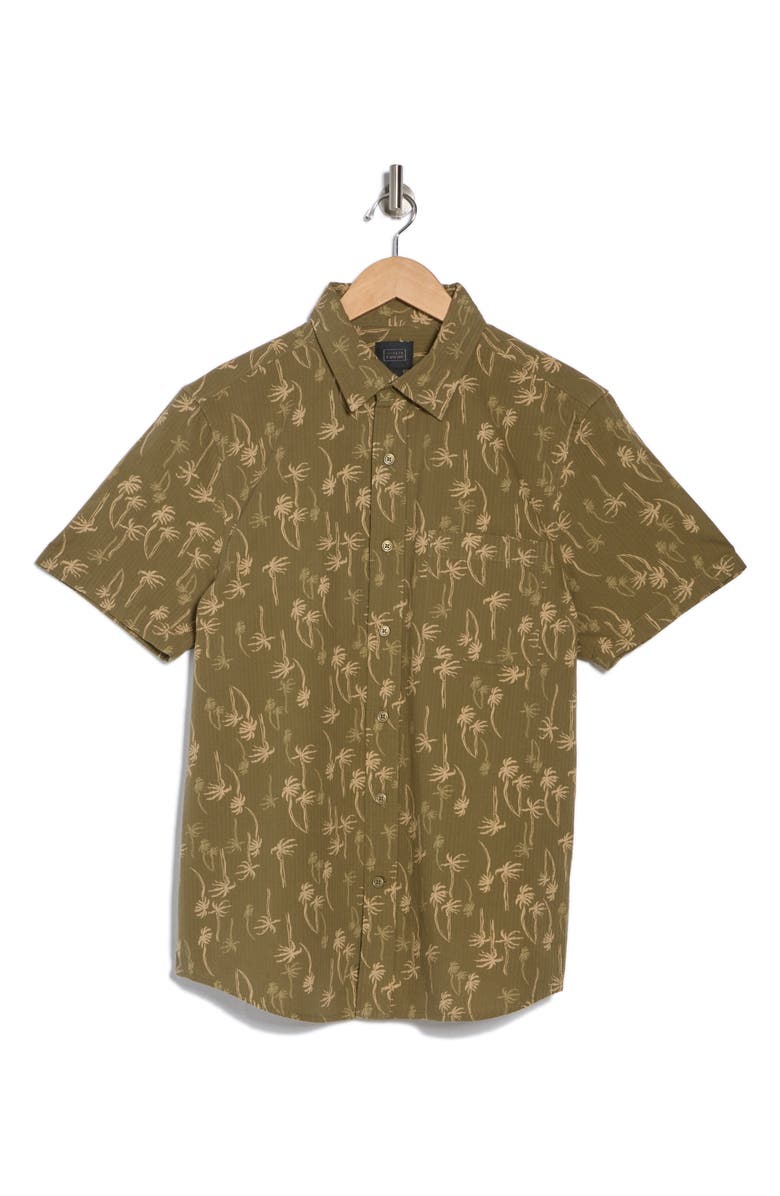14th & Union Seersucker Short Sleeve Cotton Button-Up Shirt, Alternate, color, Olive Stacked Palms