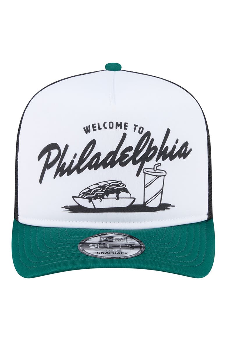Men's New Era White/Midnight Green Philadelphia Eagles Foodie 9FIFTY A-Frame Trucker Snapback Hat, Alternate, color, White