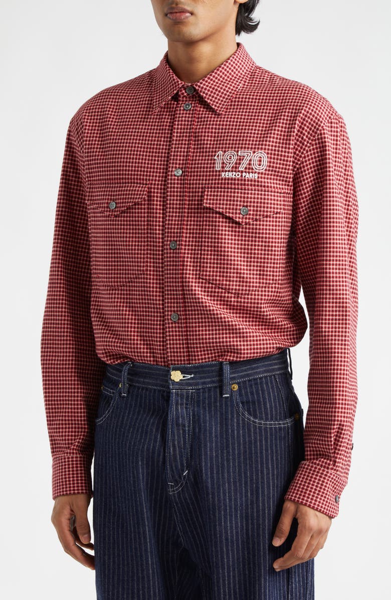 KENZO 1970 Archive Military Check Button-Up Shirt, Alternate, color, 