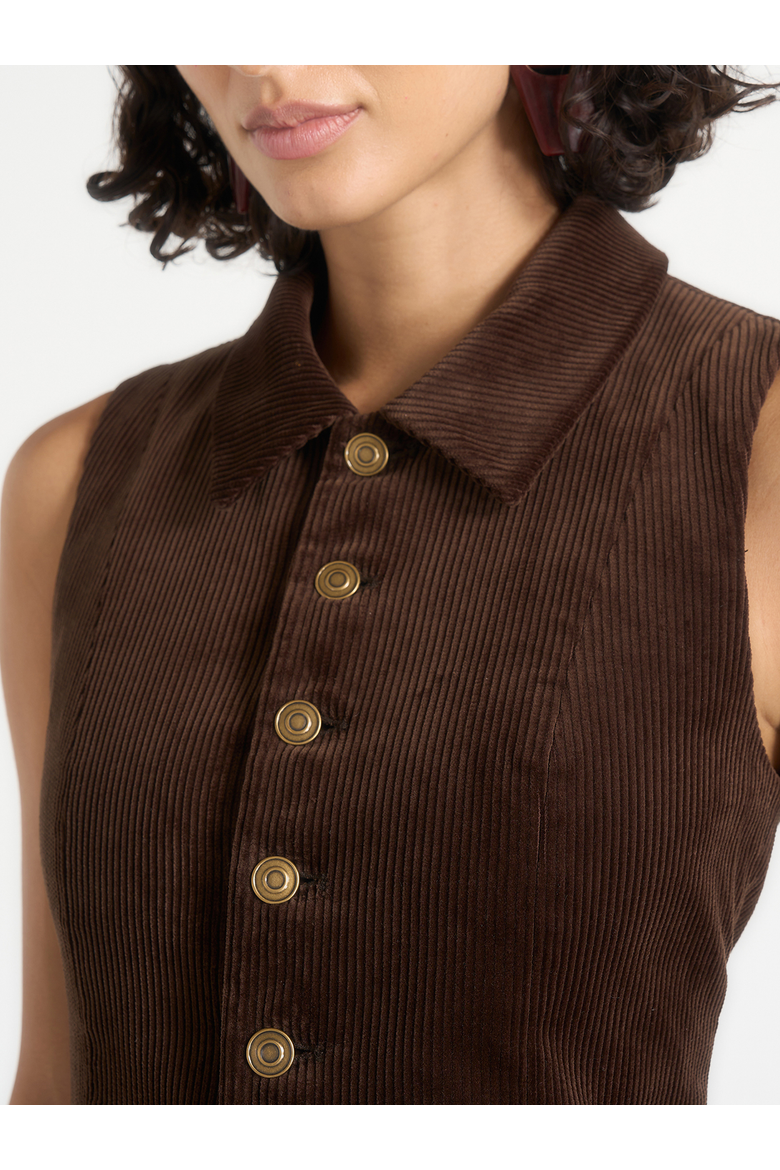 Nancy Corduroy Cinched Waistcoat with Point Collar, Alternate, color, Brown