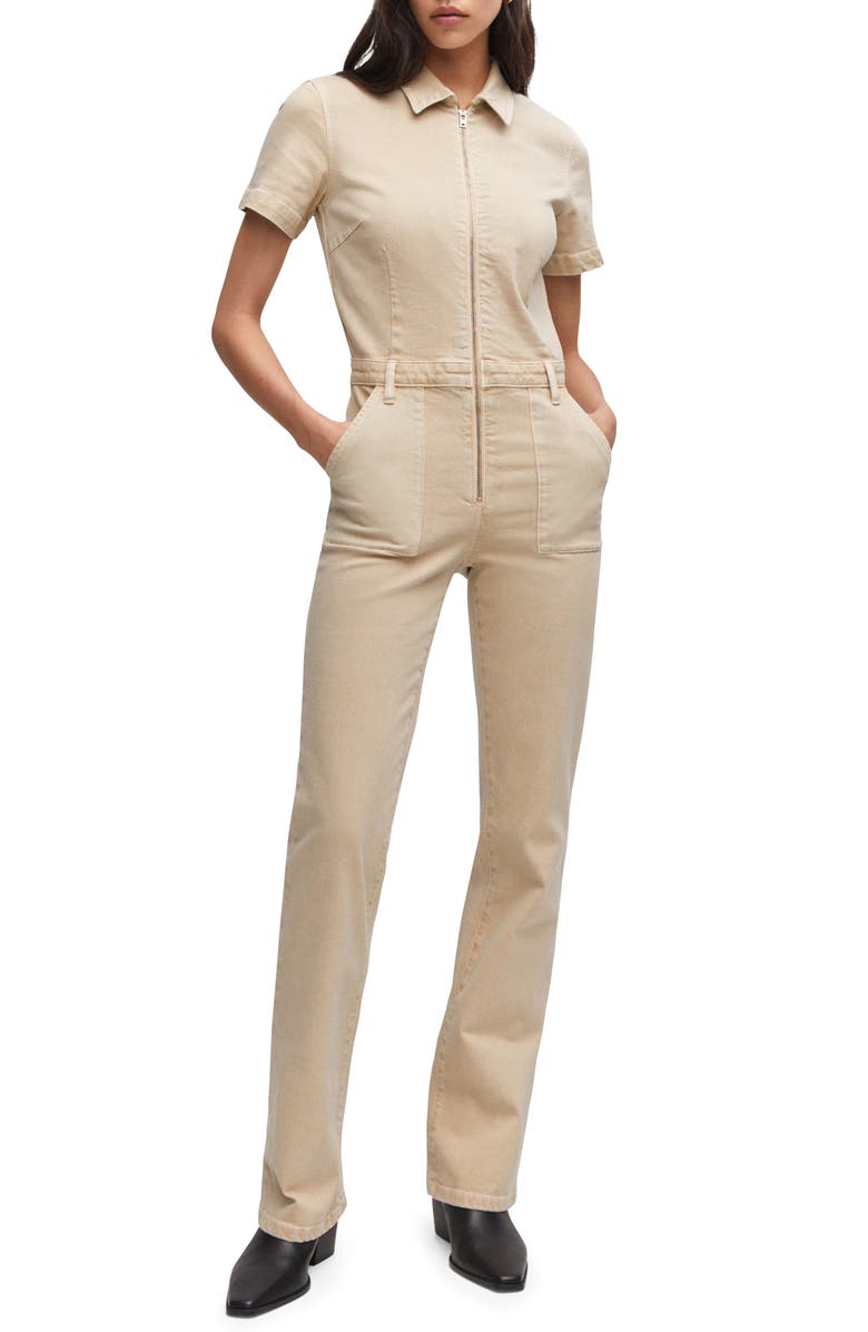 MANGO Short Sleeve Denim Jumpsuit, Main, color, 