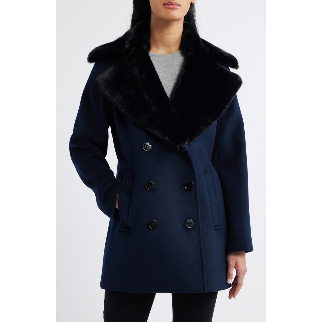 Michael Kors Double Breasted Wool Blend Coat with Faux Fur Collar in Admiral