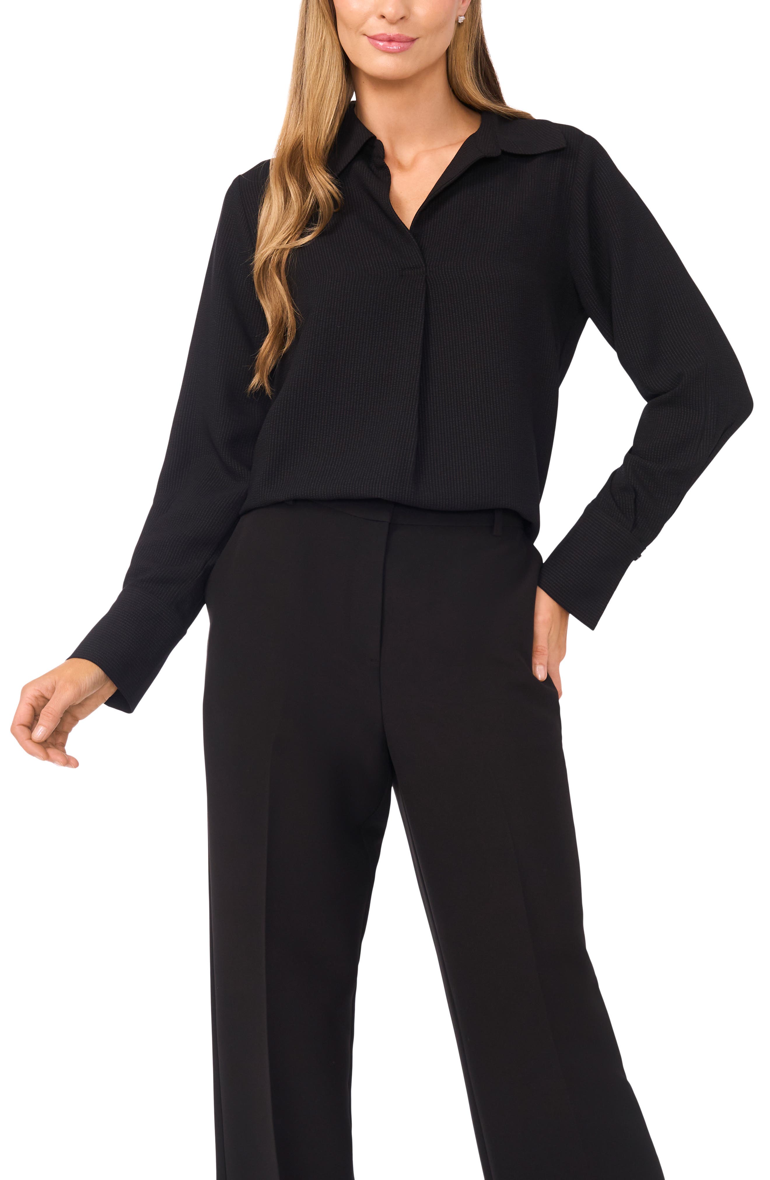 Tonal Stripe Collared Split Neck Top