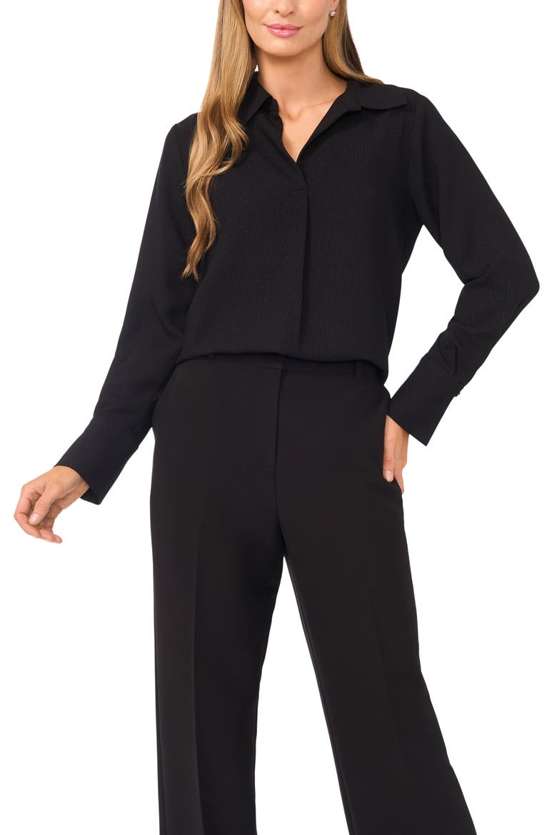 Tonal Stripe Collared Split Neck Top, Main, color, RICH BLACK