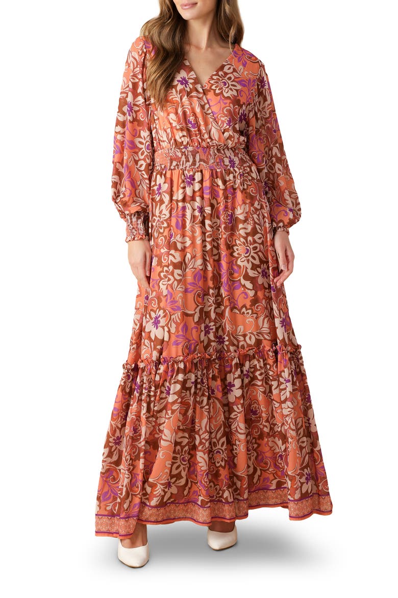 Print Long Sleeve Maxi Dress, Main, color, ORANGE/ BROWN/ PURPLE