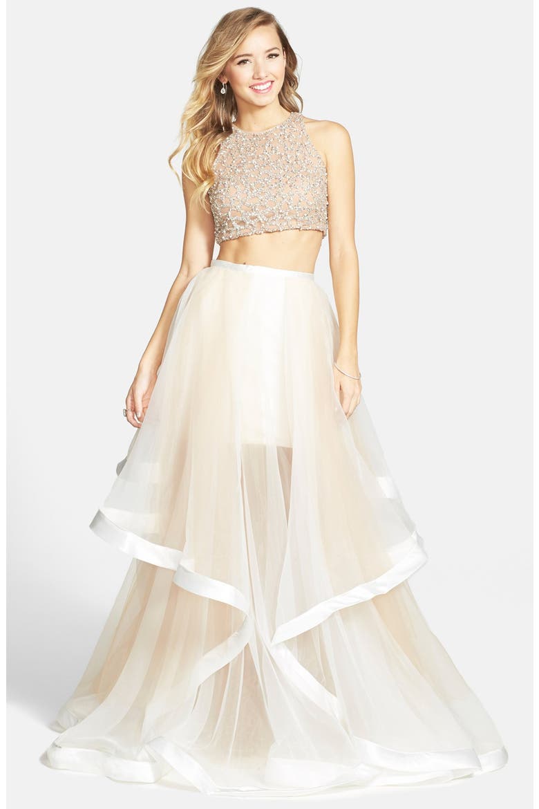 Beaded Top & Organza Two-Piece Ballgown, Main, color, WHITE/ NUDE