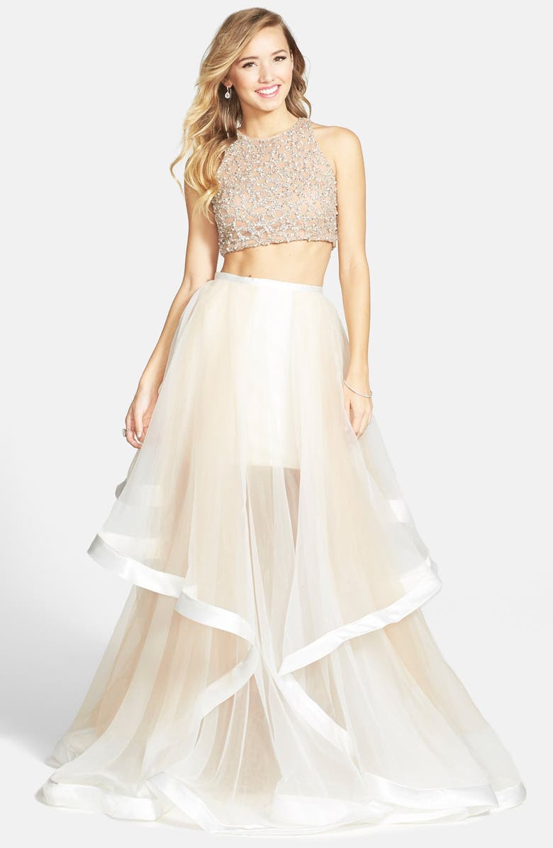 Terani Couture Beaded Top & Organza Two-Piece Ballgown, Main, color, 