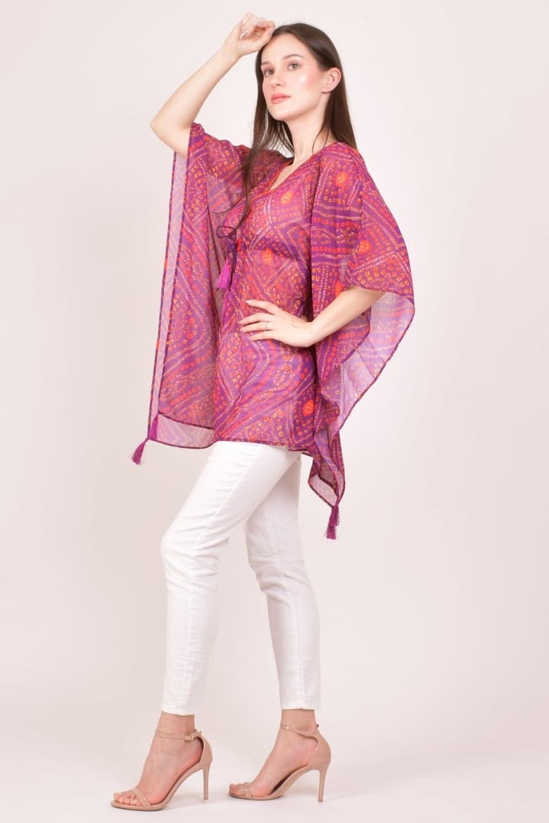 Mirror Embroidered Bandhani Georgette Kaftan Top, Alternate, color, Purple