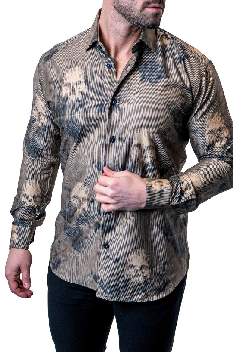 Einstein Skull Sand Brown Contemporary Fit Button-Up Shirt, Alternate, color, BROWN