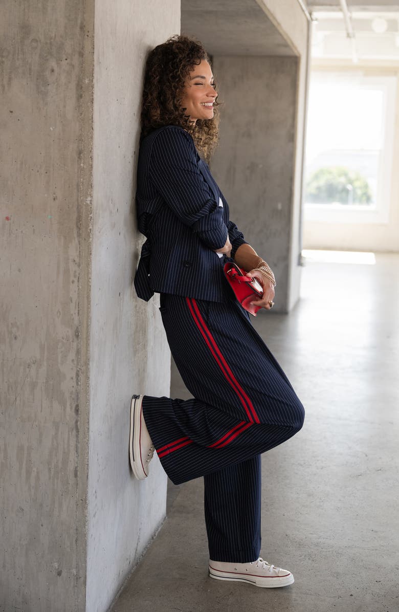 Liverpool Los Angeles Pinstripe & Side Stripe Pleated Drawstring Pants, Alternate, color, Deep Midnight Stripe